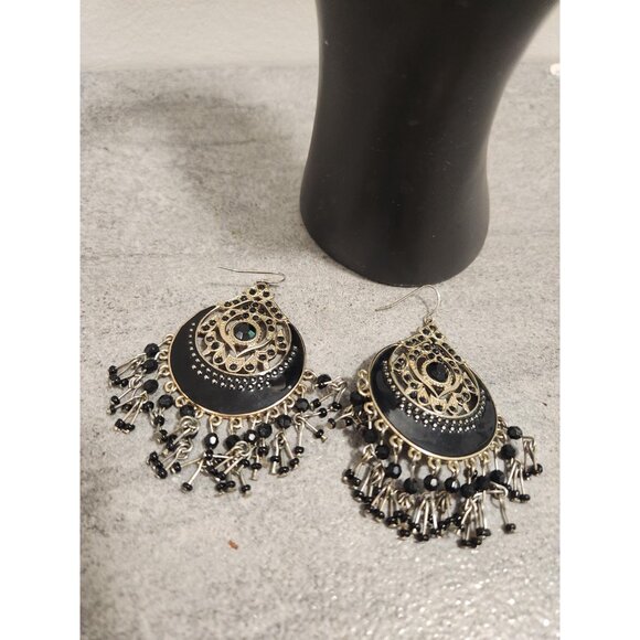 Round Mandala Dangle Earrings Black Gold Intricate Earrings - Picture 4 of 10
